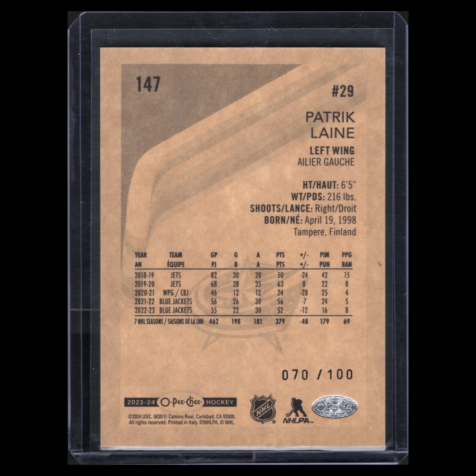 2023-24 O-Pee-Chee PATRIK LAINE #147 Retro Black Border Parallel 70/100