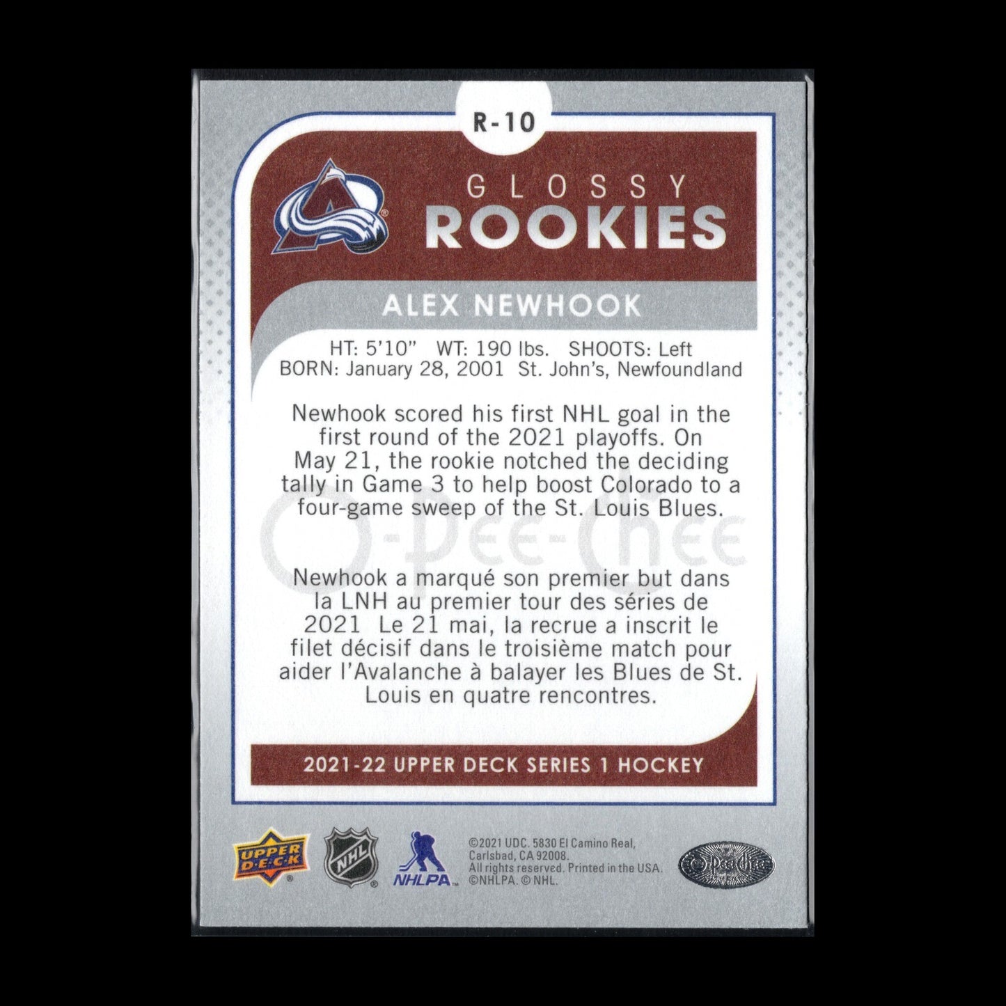 2021-22 UD Series 1 ALEX NEWHOOK #R-10 O-Pee-Chee Glossy Rookies Silver RC
