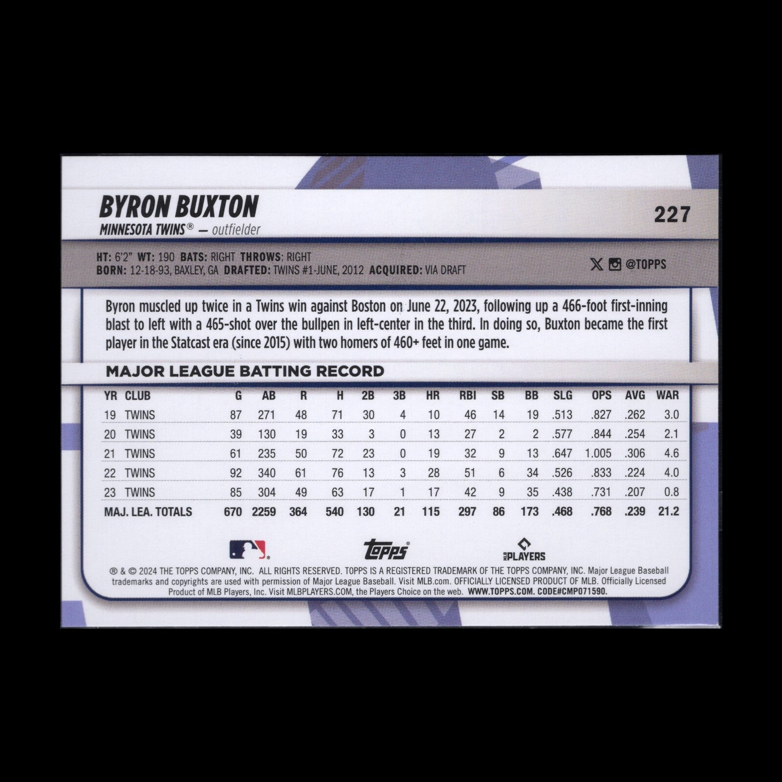 2024 Topps Big League BYRON BUXTON #227 Rainbow foil - Minnesota Twins