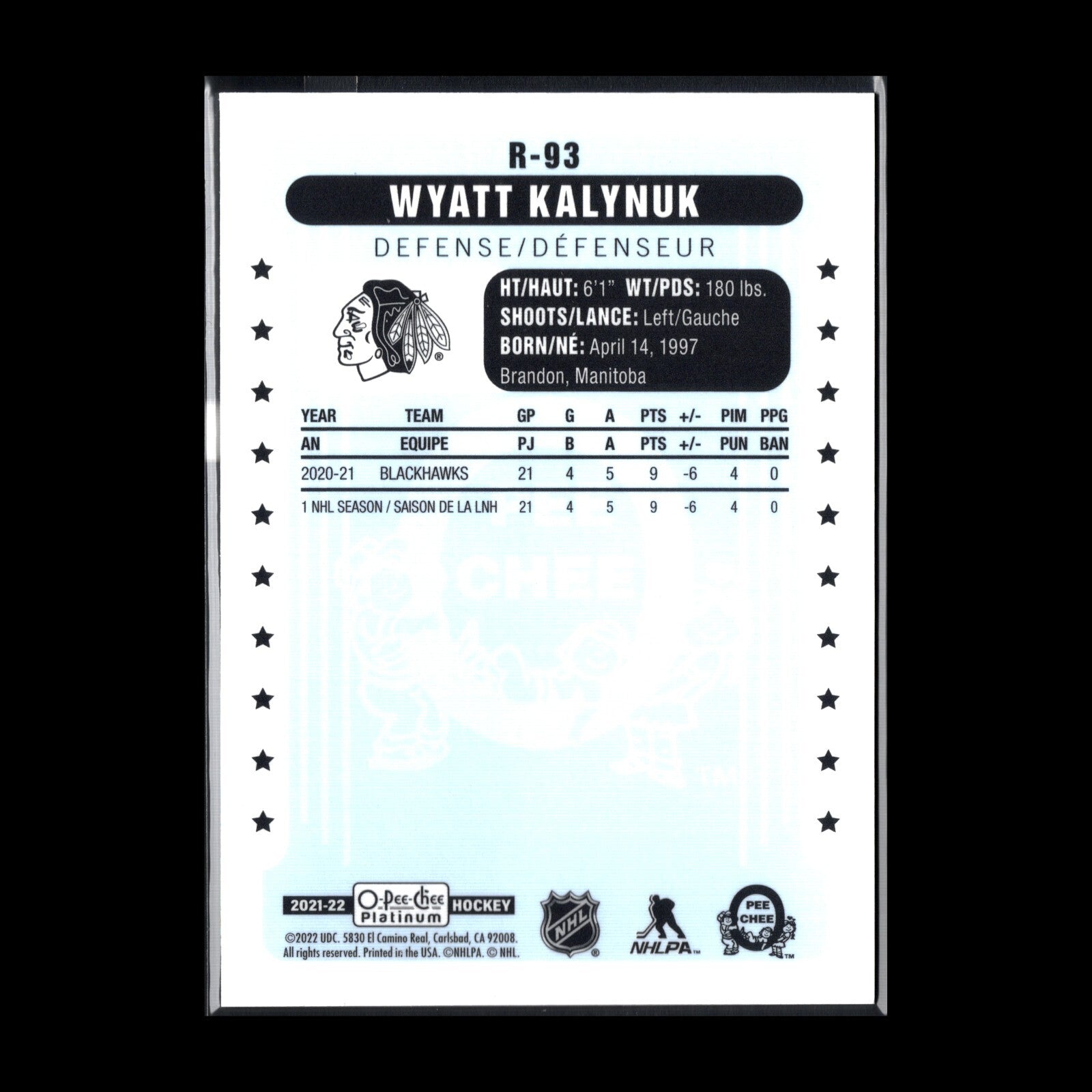 2021-22 O-Pee-Chee Platinum WYATT KALYNUK #R-93 Retro RC - Chicago Blackhawks