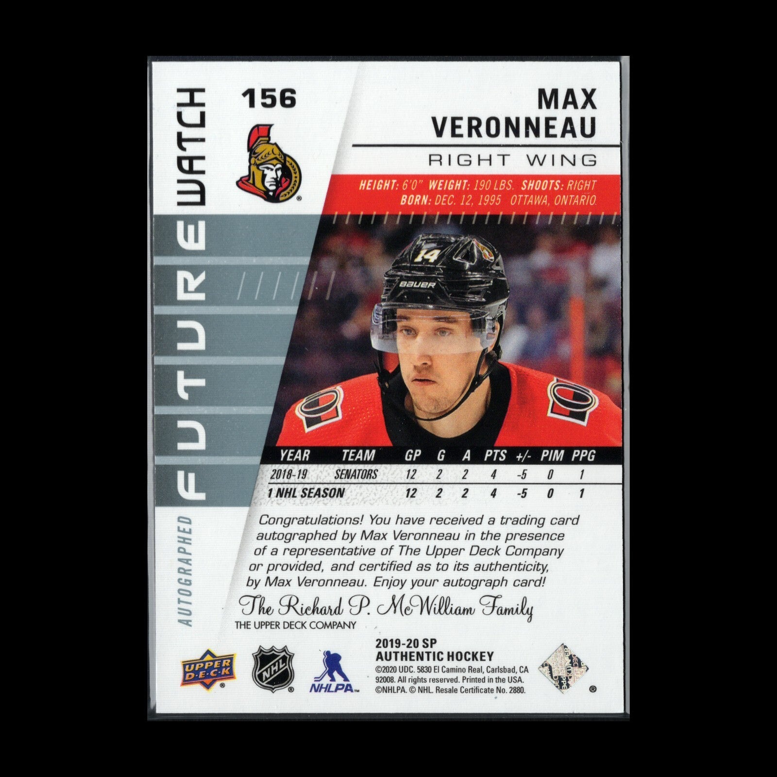 2019-20 UD SP Authentic MAX VERONNEAU #156 Future Watch Autographed /999