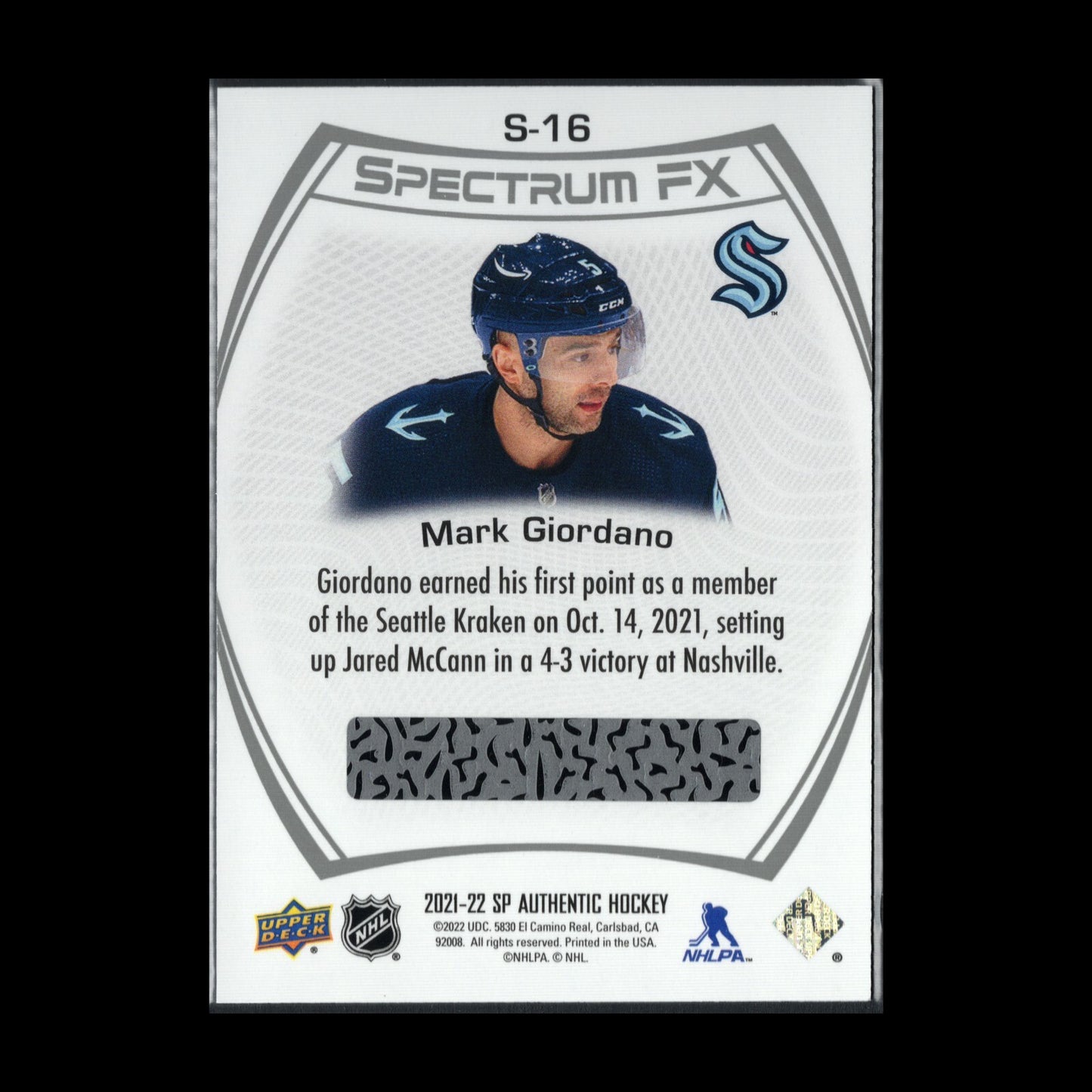 2021-22 UD SP Authentic MARK GIORDANO #S-16 Spectrum FX Bounty Unscratched