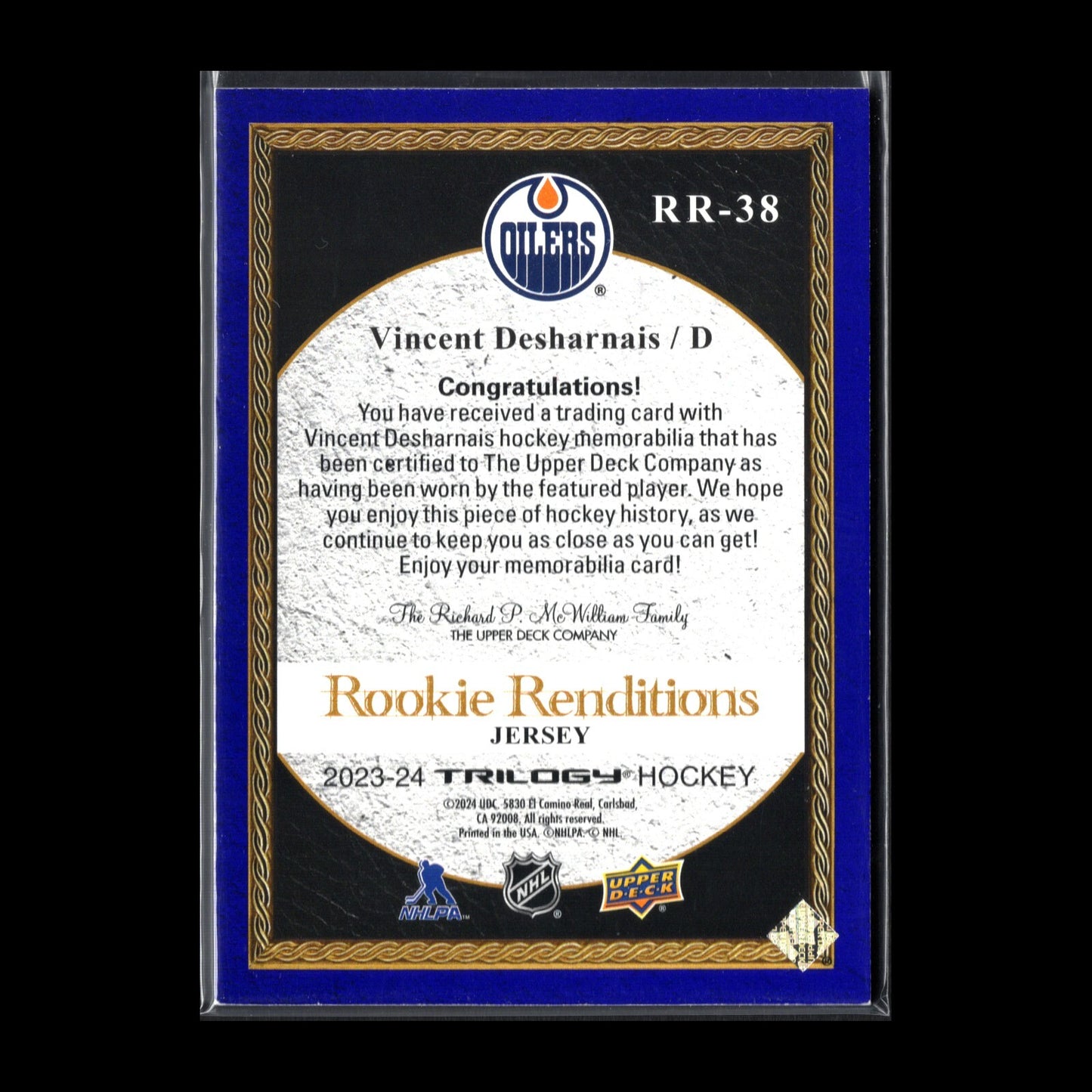 2023-24 UD Trilogy VINCENT DESHARNAIS #RR-38 Rookie Renditions Jersey
