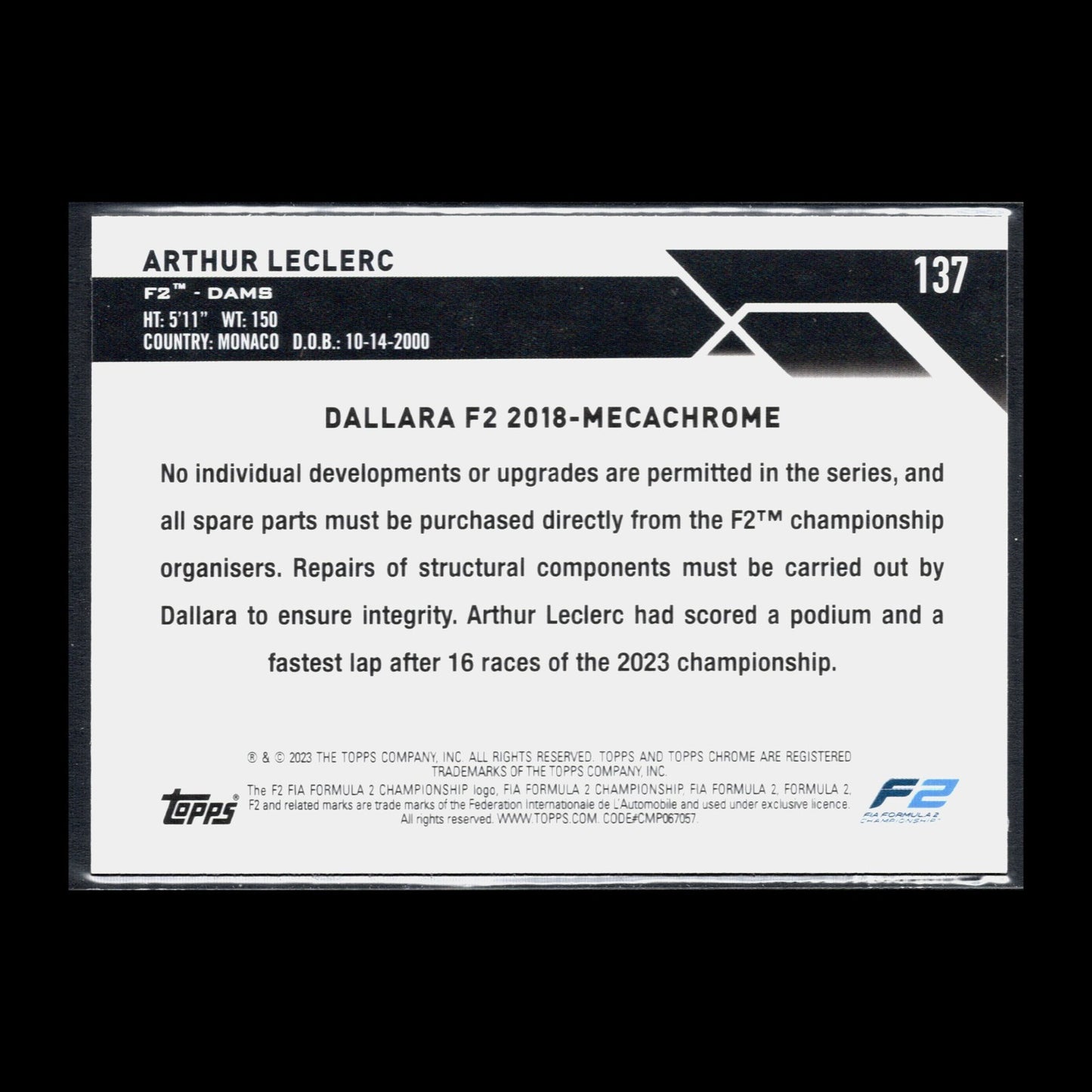 2023 Topps Chrome Formula 1 ARTHUR LECLERC #137 F2 Cars
