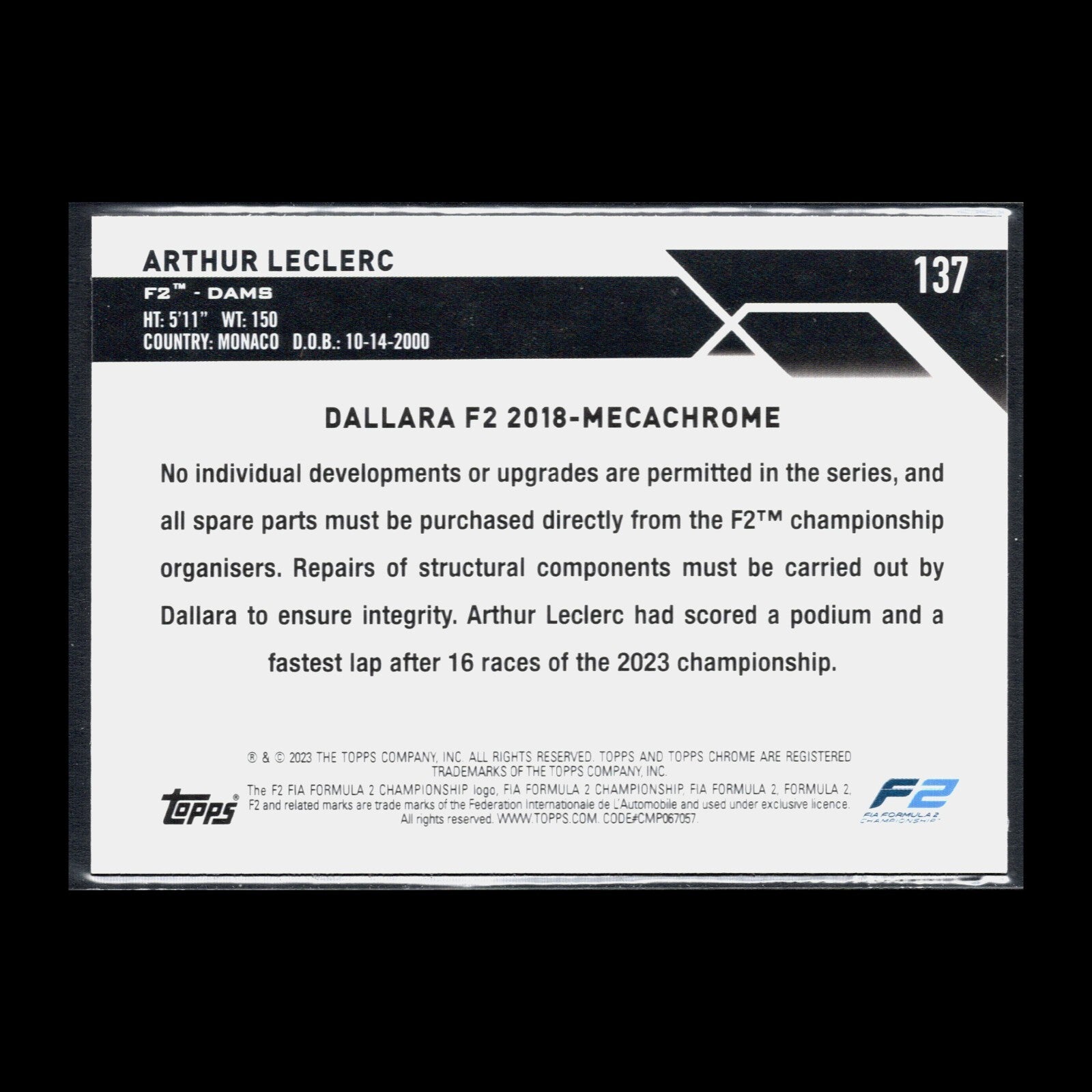 2023 Topps Chrome Formula 1 ARTHUR LECLERC #137 F2 Cars