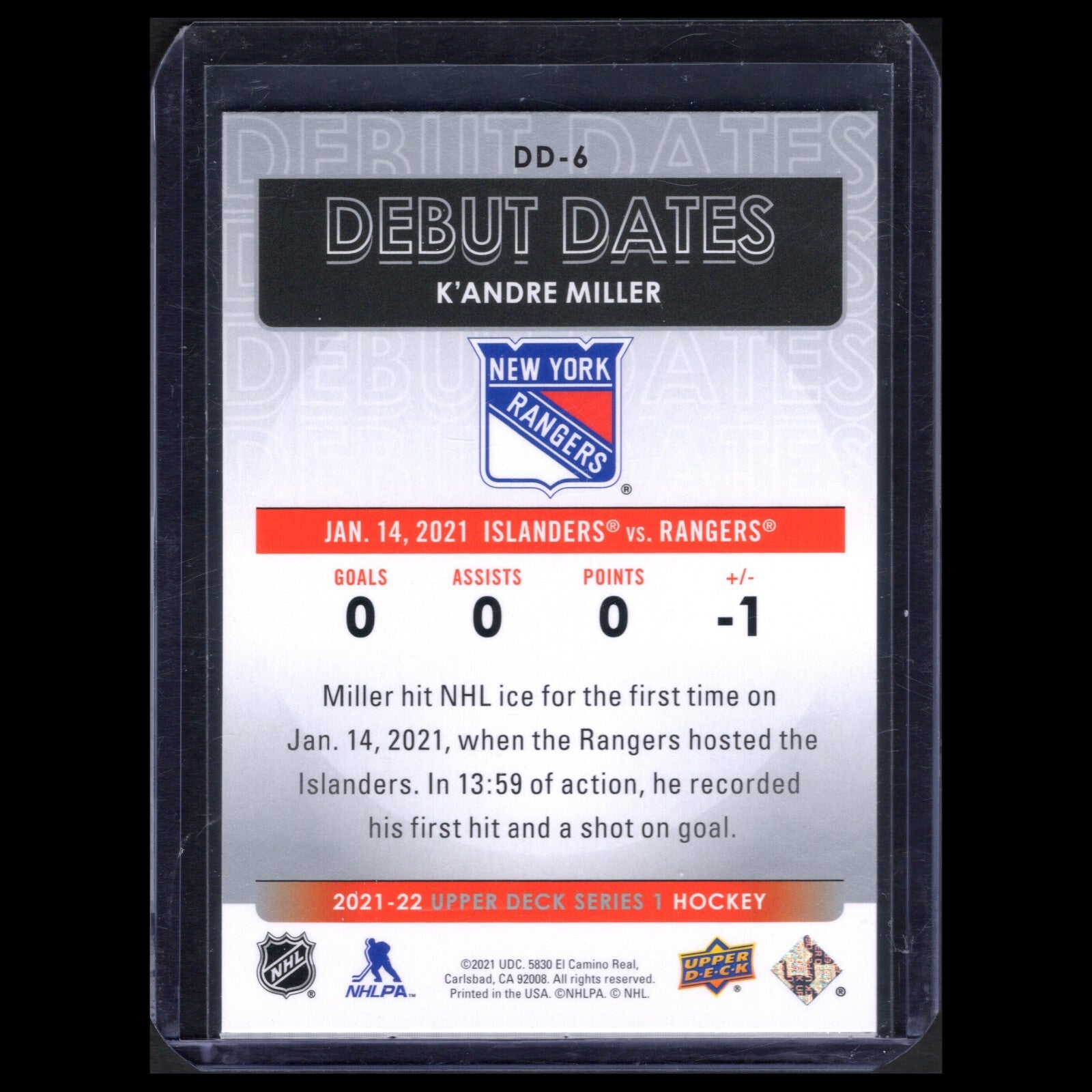 2021-22 UD Series 1 K'ANDRE MILLER #DD-6 Debut Dates Rookie - NY Rangers