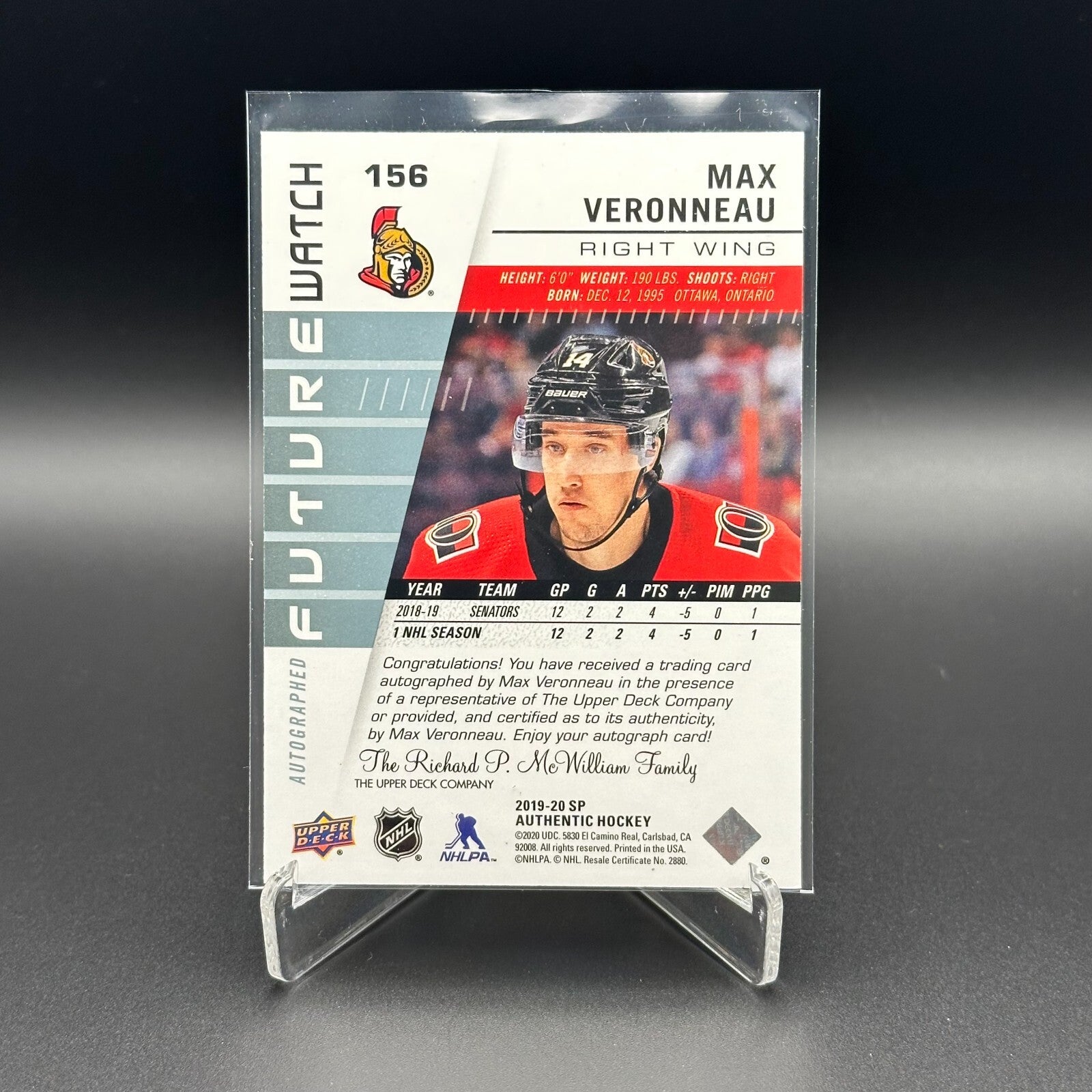 2019-20 UD SP Authentic MAX VERONNEAU #156 Future Watch Autographed /999
