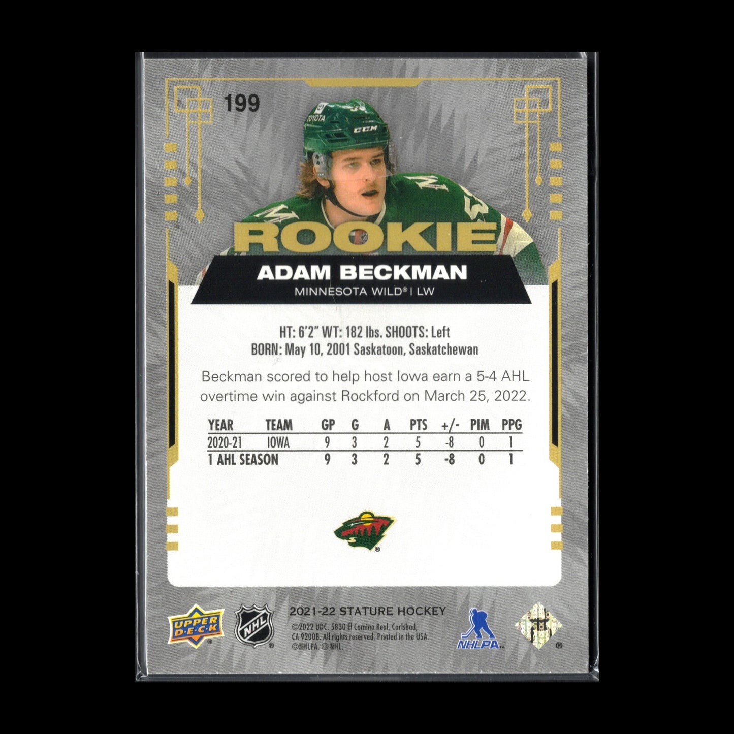 2022-23 UD Stature ADAM BECKMAN #199 Rookie RC - Minnesota Wild