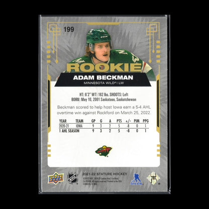 2022-23 UD Stature ADAM BECKMAN #199 Rookie RC - Minnesota Wild