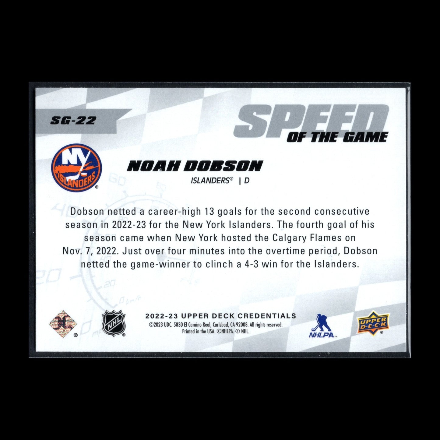 2022-23 UD Credentials NOAH DOBSON #SG-22 Speed of the Game - NY Islanders