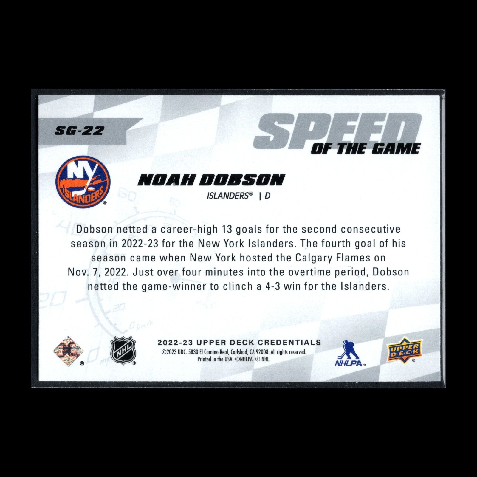 2022-23 UD Credentials NOAH DOBSON #SG-22 Speed of the Game - NY Islanders