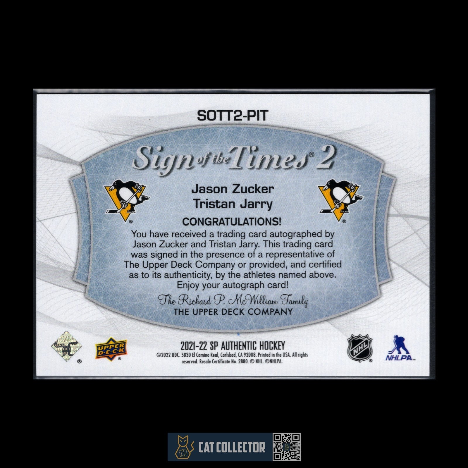 2021-22 SP Authentic J. ZUCKER / T. JARRY #SOTT2-PIT Sign of the Time 2 /25