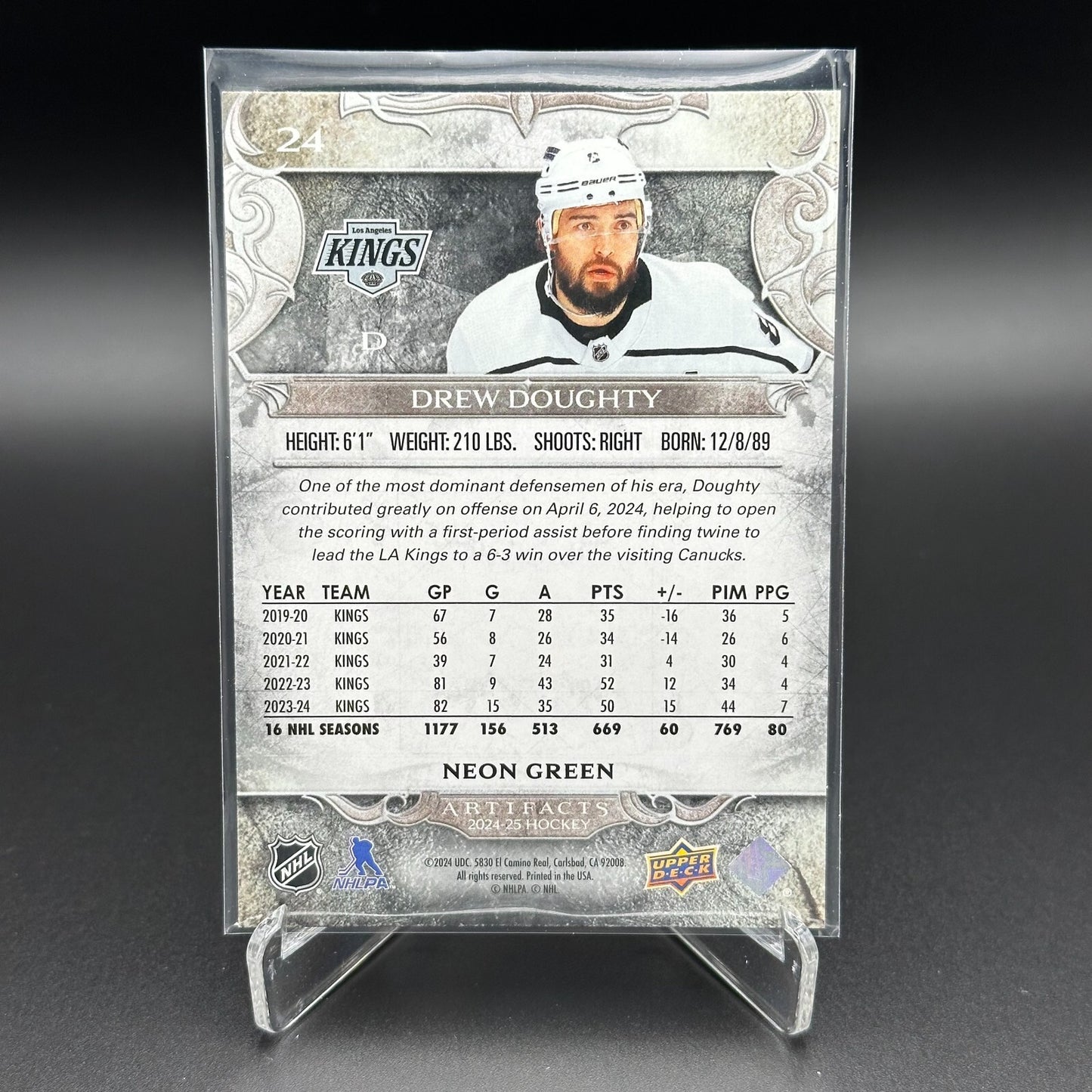 2024-25 UD Artifacts DREW DOUGHTY #24 Neon Green - Los Angeles Kings