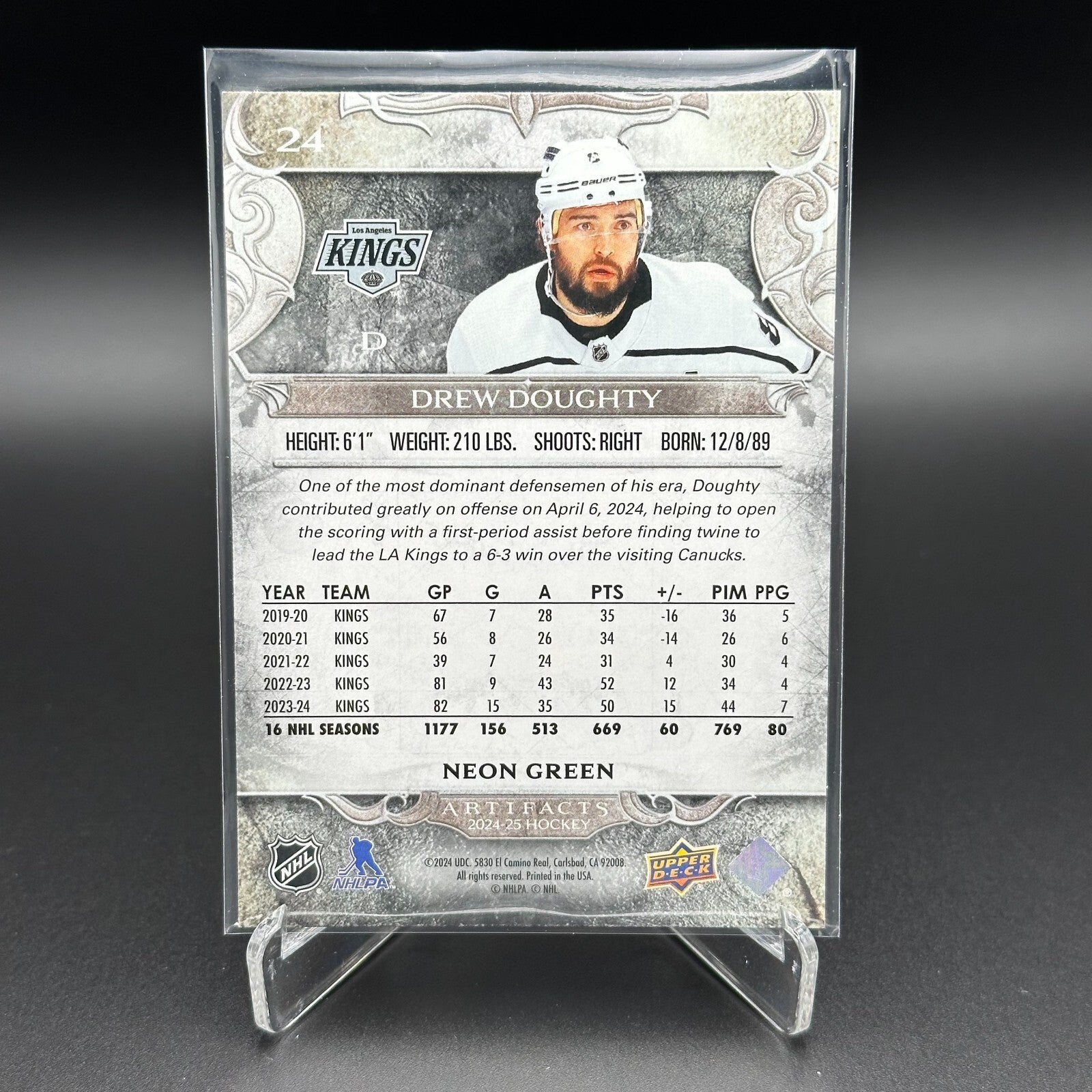 2024-25 UD Artifacts DREW DOUGHTY #24 Neon Green - Los Angeles Kings