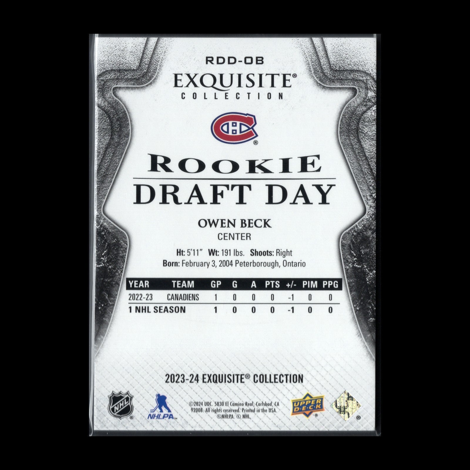 2023-24 UD Exquisite Collection OWEN BECK #RDD-OB Rookie Draft Day /349