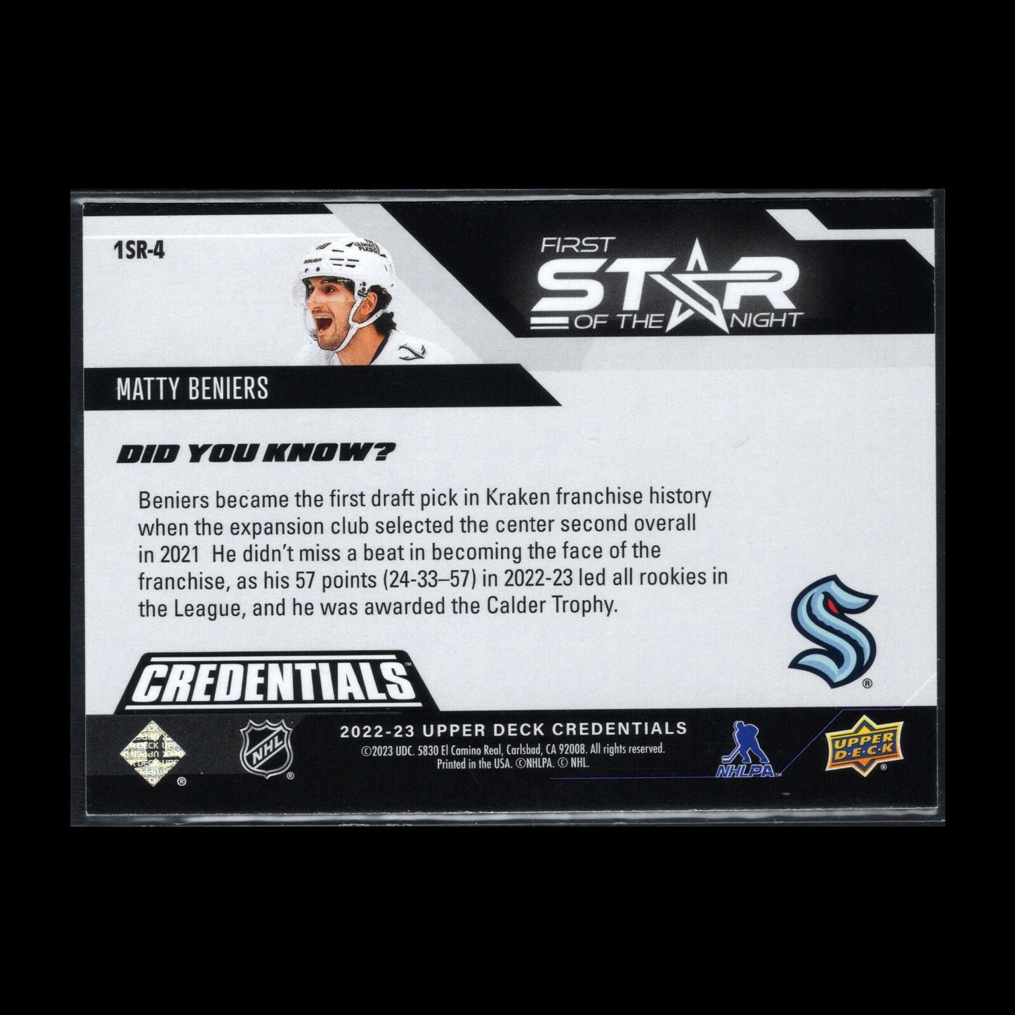 2022-23 UD Credentials MATTY BENIERS #1SR-4 First Star of the Night Rookie RC