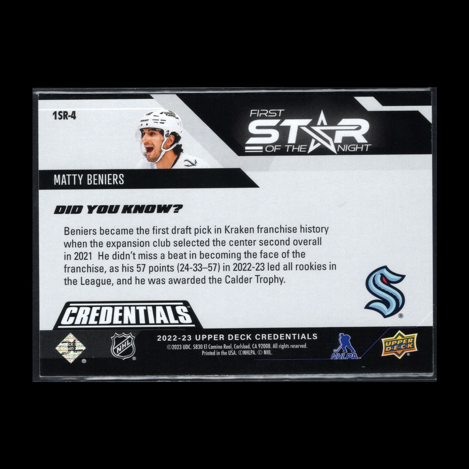 2022-23 UD Credentials MATTY BENIERS #1SR-4 First Star of the Night Rookie RC