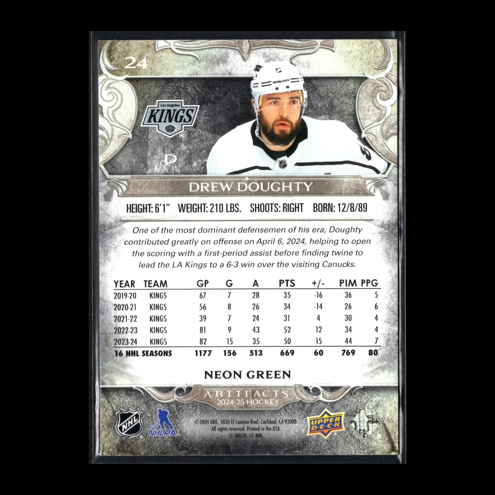 2024-25 UD Artifacts DREW DOUGHTY #24 Neon Green - Los Angeles Kings