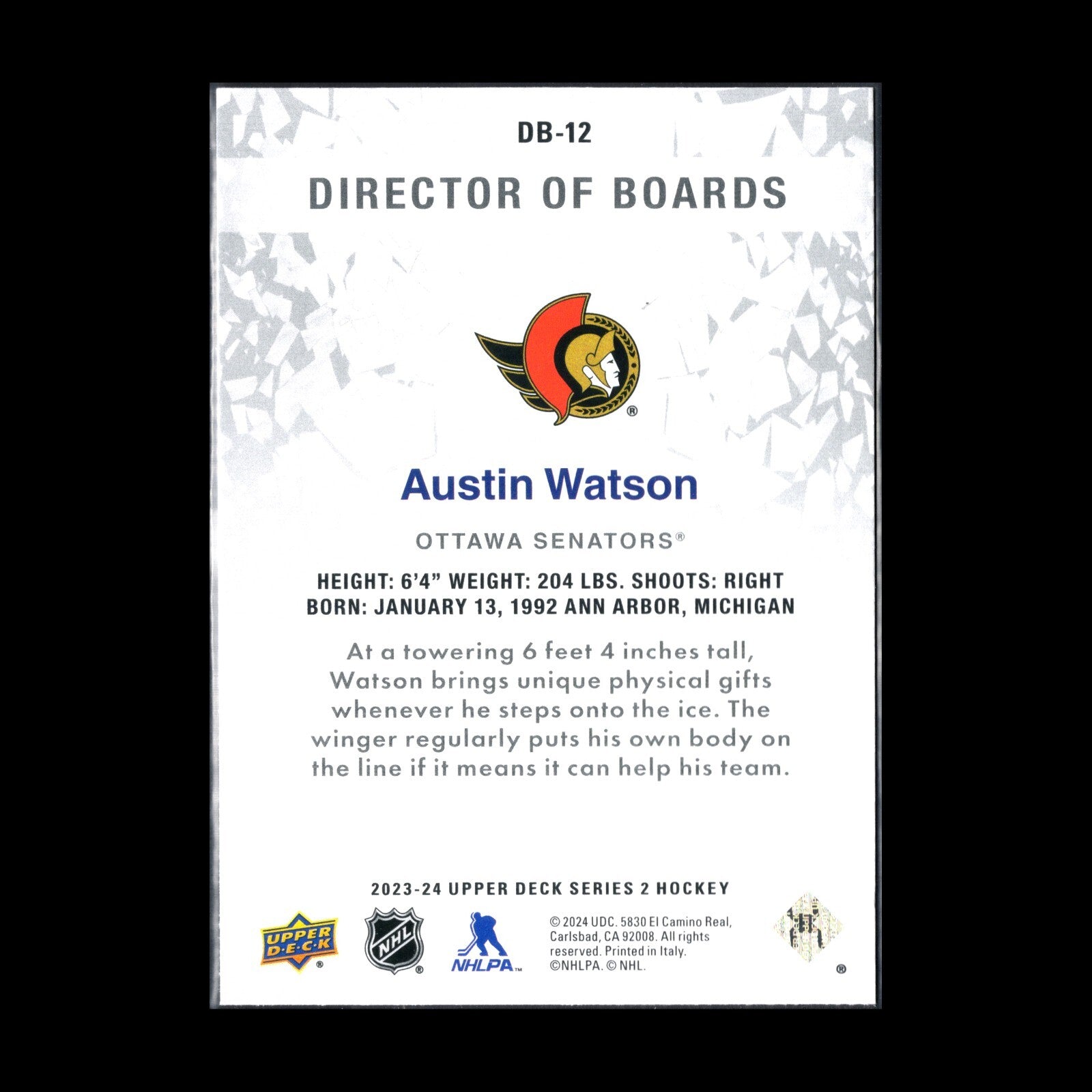 2023-24 UD Series 2 AUSTIN WATSON #DB-12 Director of boards - Ottawa Senators