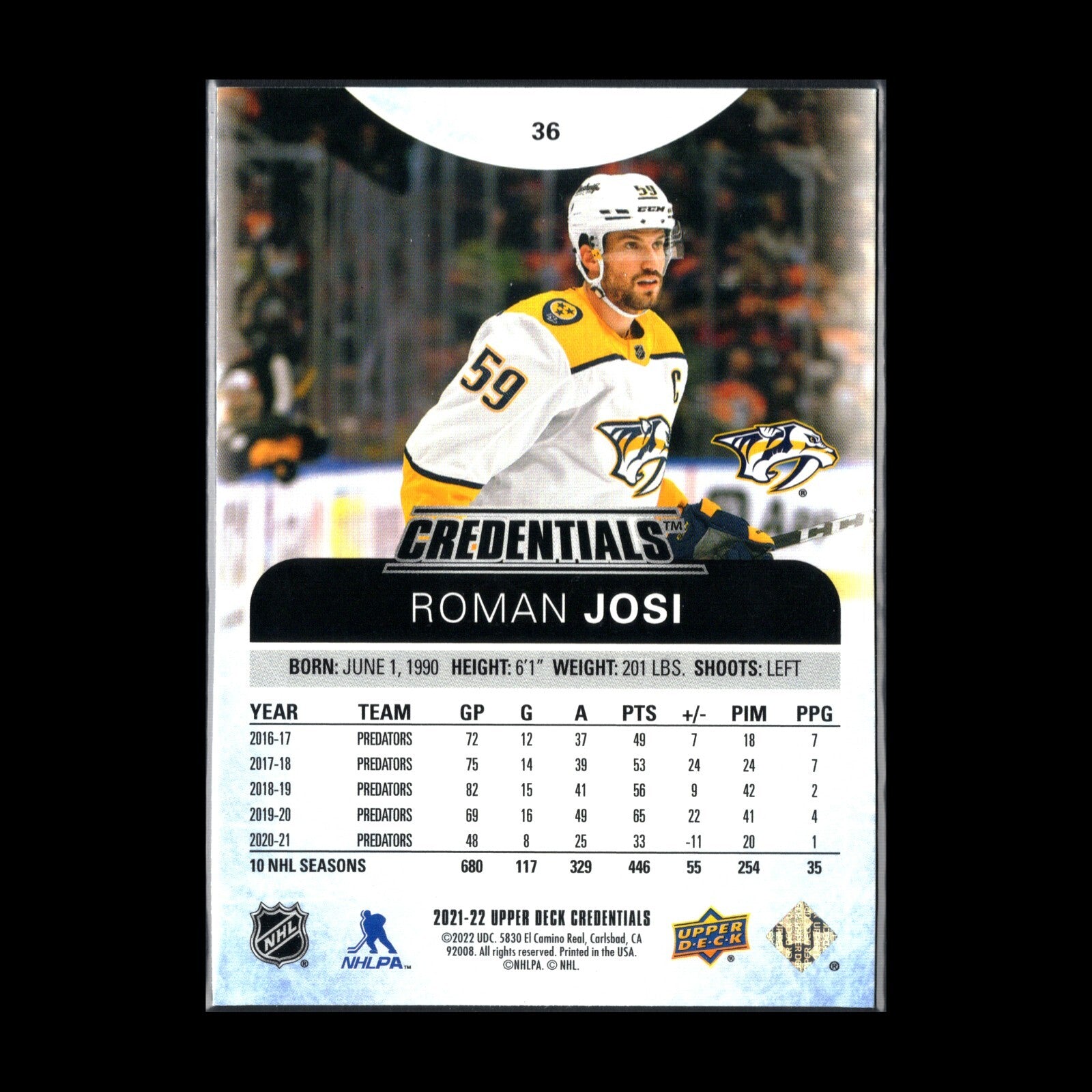 2021-22 UD Credentials ROMAN JOSI #36 Teal parallel 323/399 Nashville Predators