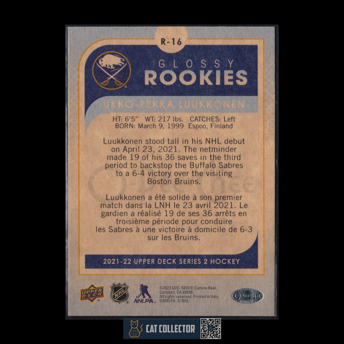 2021-22 UD Series 2 UKKO-PEKKA LUUKKONEN #R-16 OPC Glossy Rookies Silver RC