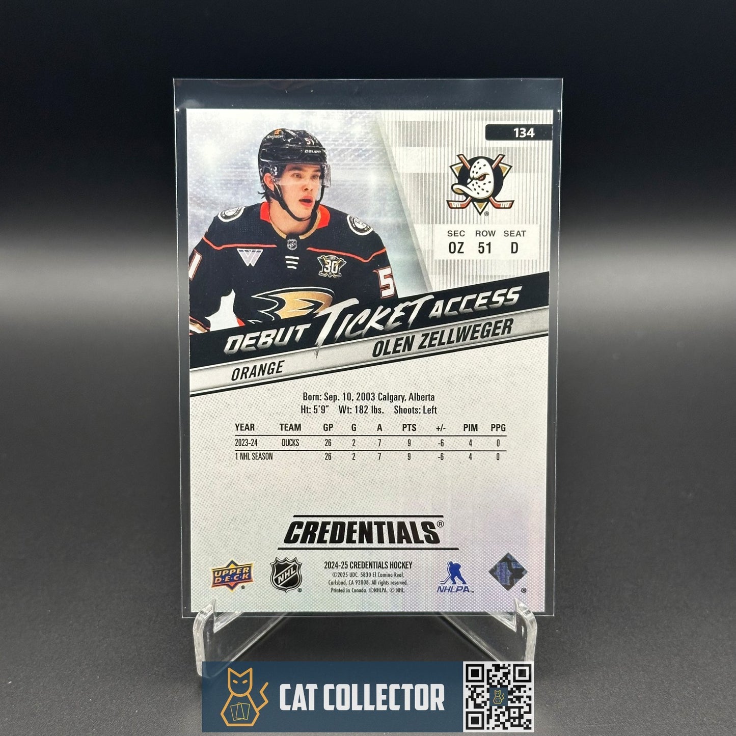2024-25 UD Credentials OLEN ZELLWEGER #134 Debut Ticket Access Orange RC /199