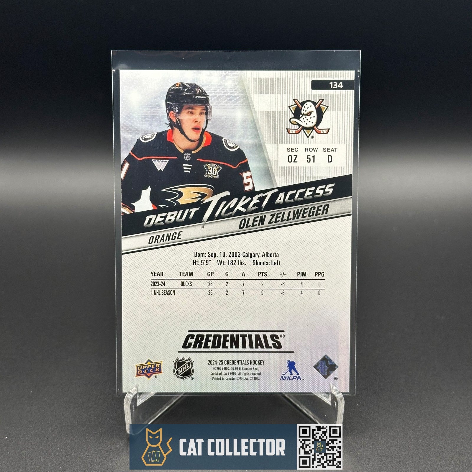 2024-25 UD Credentials OLEN ZELLWEGER #134 Debut Ticket Access Orange RC /199