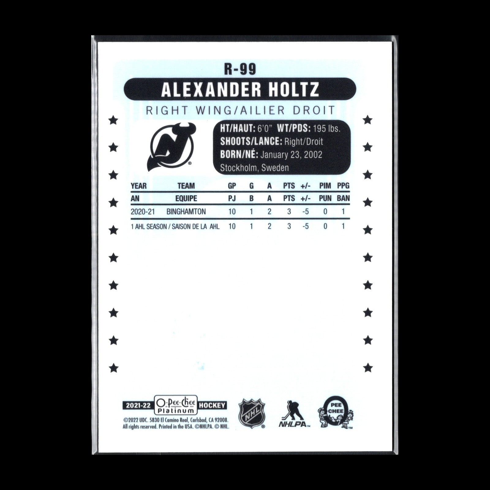 2021-22 O-Pee-Chee Platinum ALEXANDER HOLTZ #R-99 Retro RC - New Jersey Devils