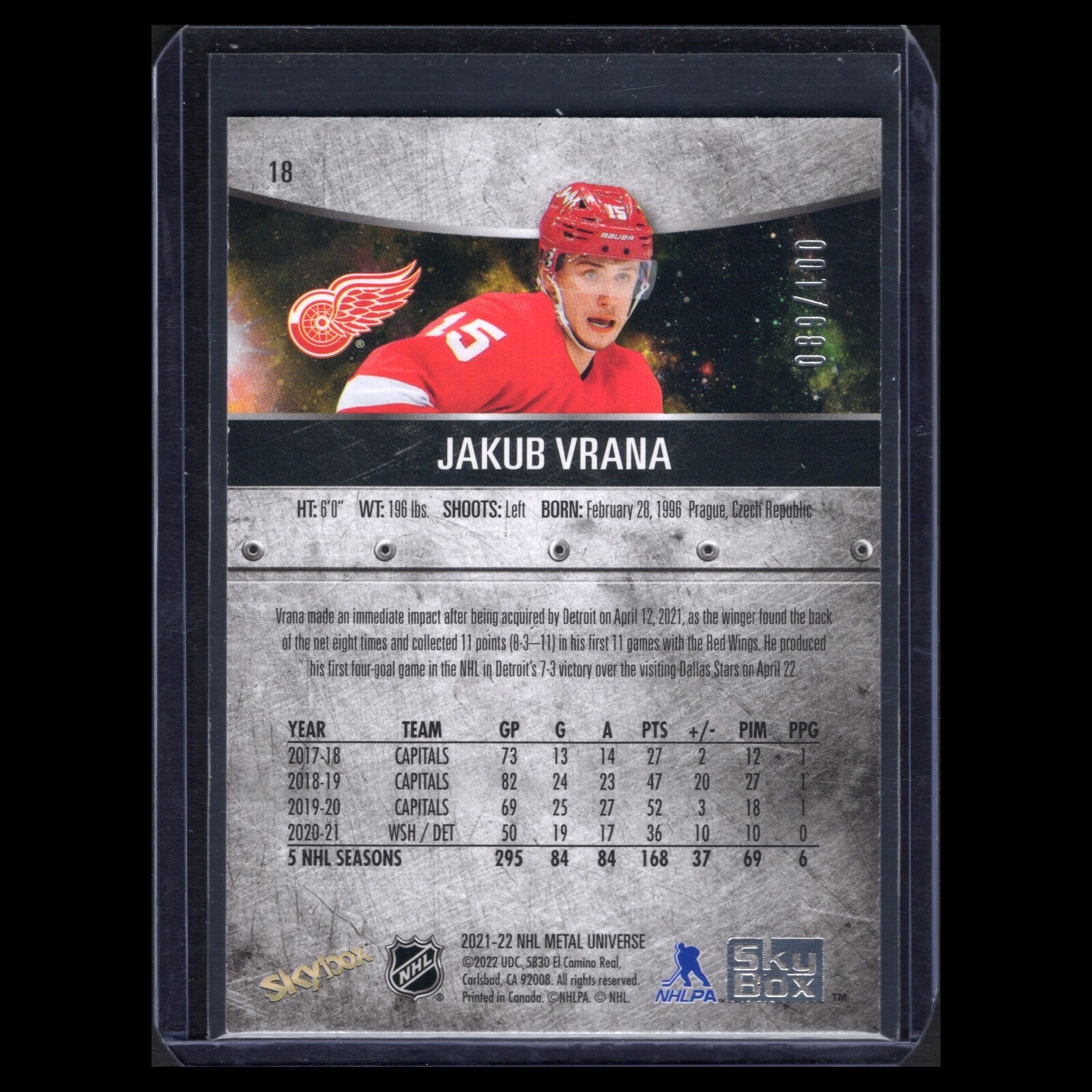 2021-22 SkyBox Metal Universe JAKUB VRANA #18 Precious Metal Gems Red 89/100