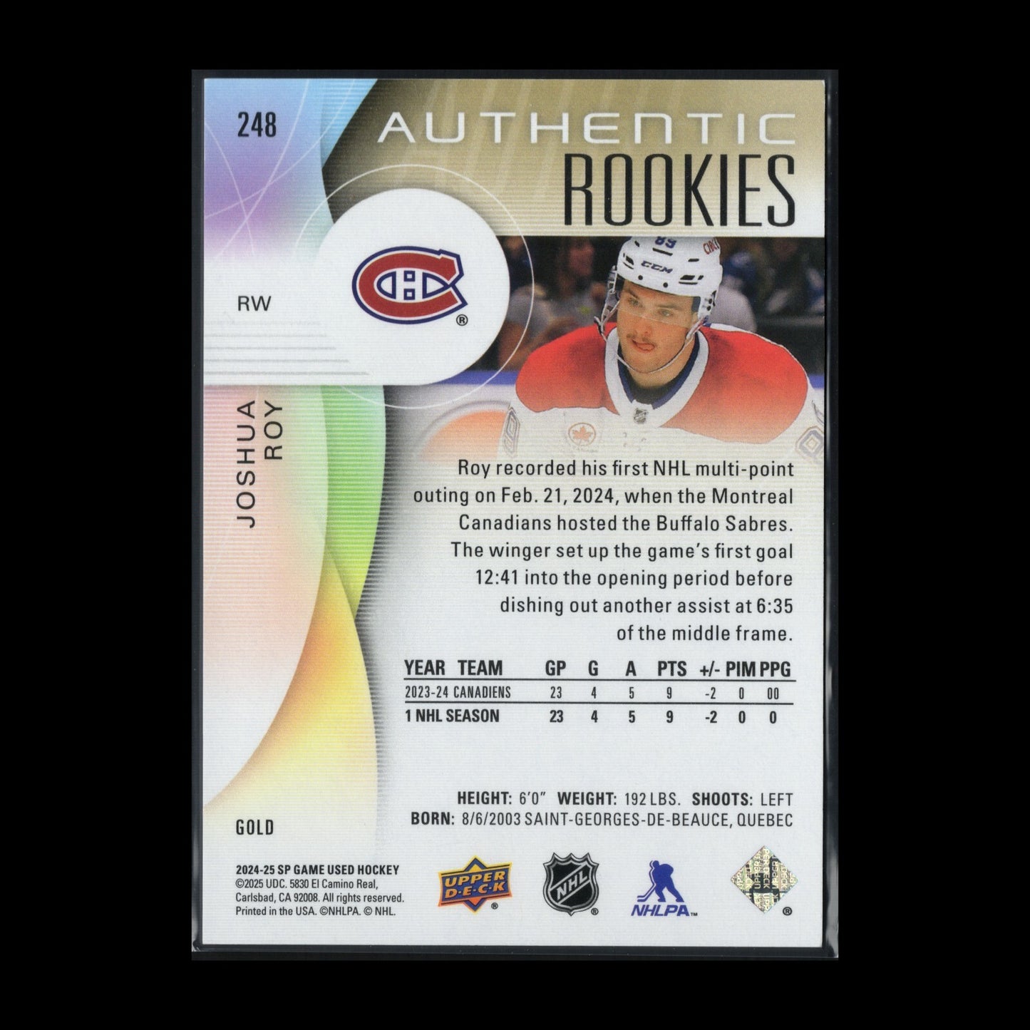 2024-25 UD SP Game Used JOSHUA ROY #248 Gold Rookie RC /149 - Montreal Canadiens