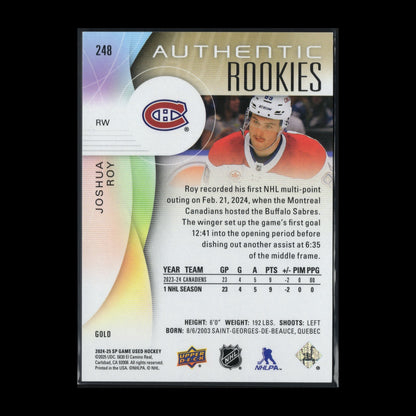 2024-25 UD SP Game Used JOSHUA ROY #248 Gold Rookie RC /149 - Montreal Canadiens