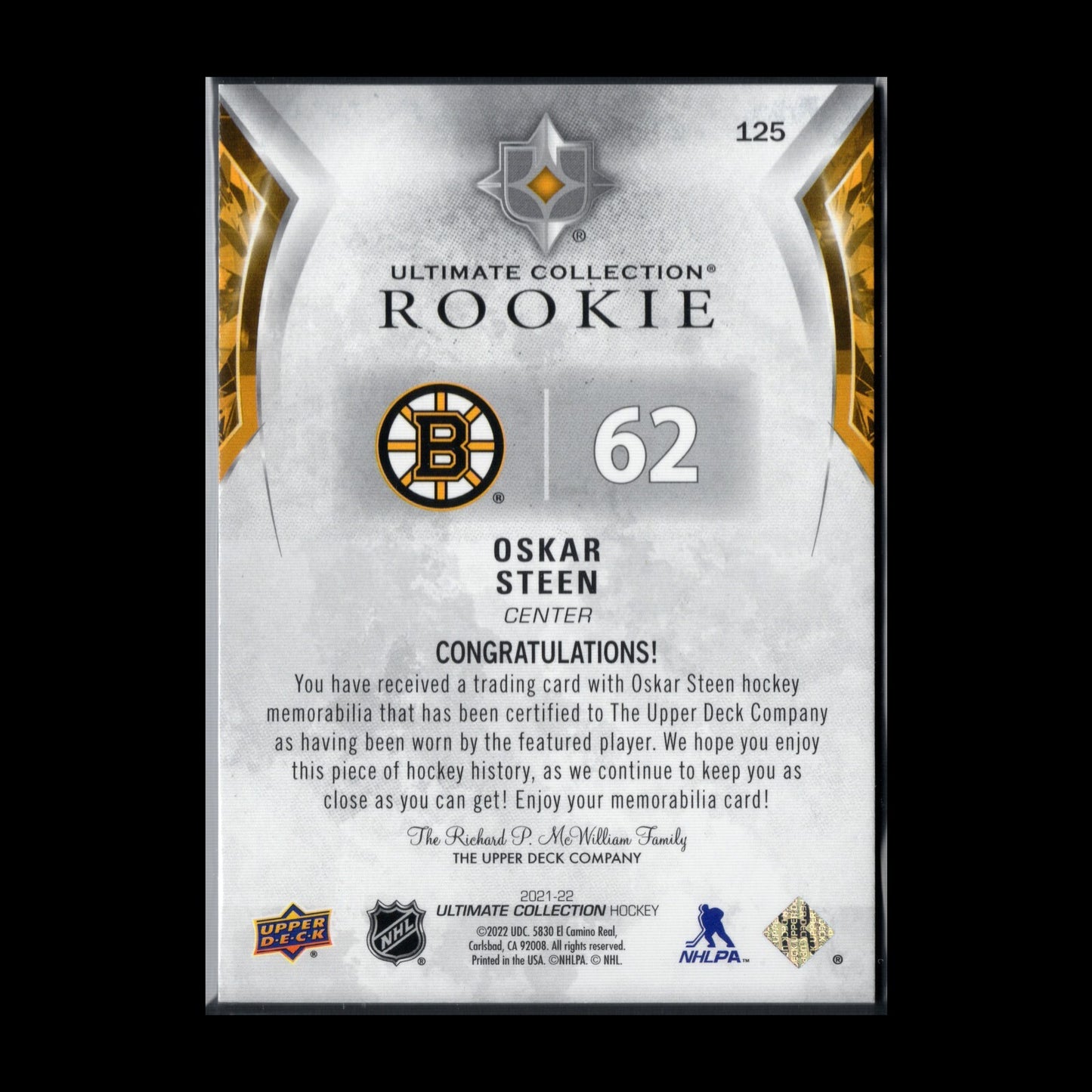 2021-22 UD Ultimate Collection OSKAR STEEN #125 Rookie Jersey RC /699