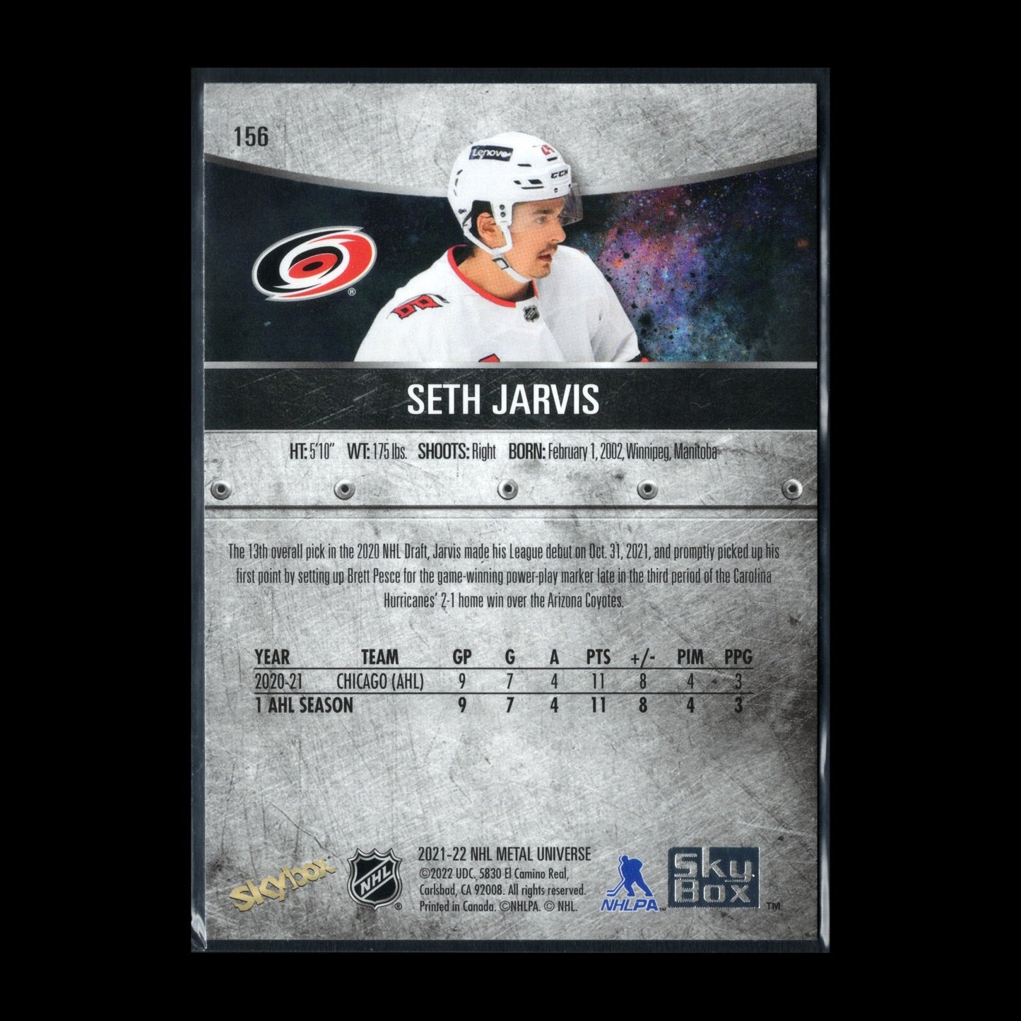 2021-22 SkyBox Metal Universe SETH JARVIS #156 Rookie RC - Carolina Hurricanes