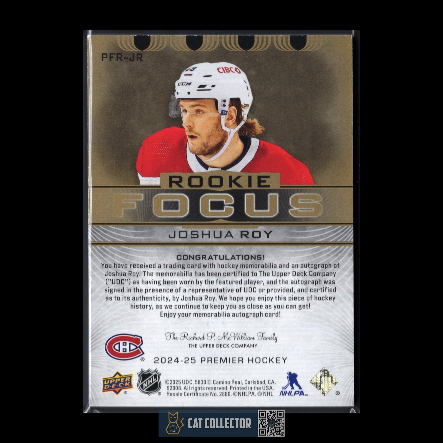 2024-25 UD Premier JOSHUA ROY #PFR-JR Focus Auto Patch Rookies RC /49