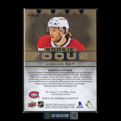 2024-25 UD Premier JOSHUA ROY #PFR-JR Focus Auto Patch Rookies RC /49