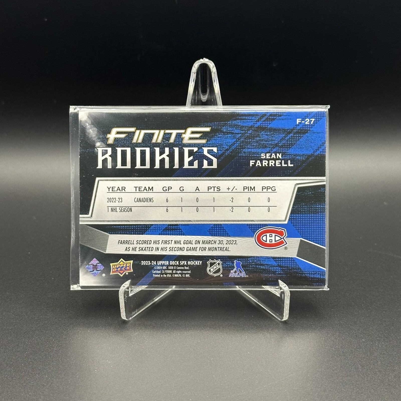 2023-24 UD SPx SEAN FARRELL #F-27 Finite Rookies RC /799 - Montreal Canadiens