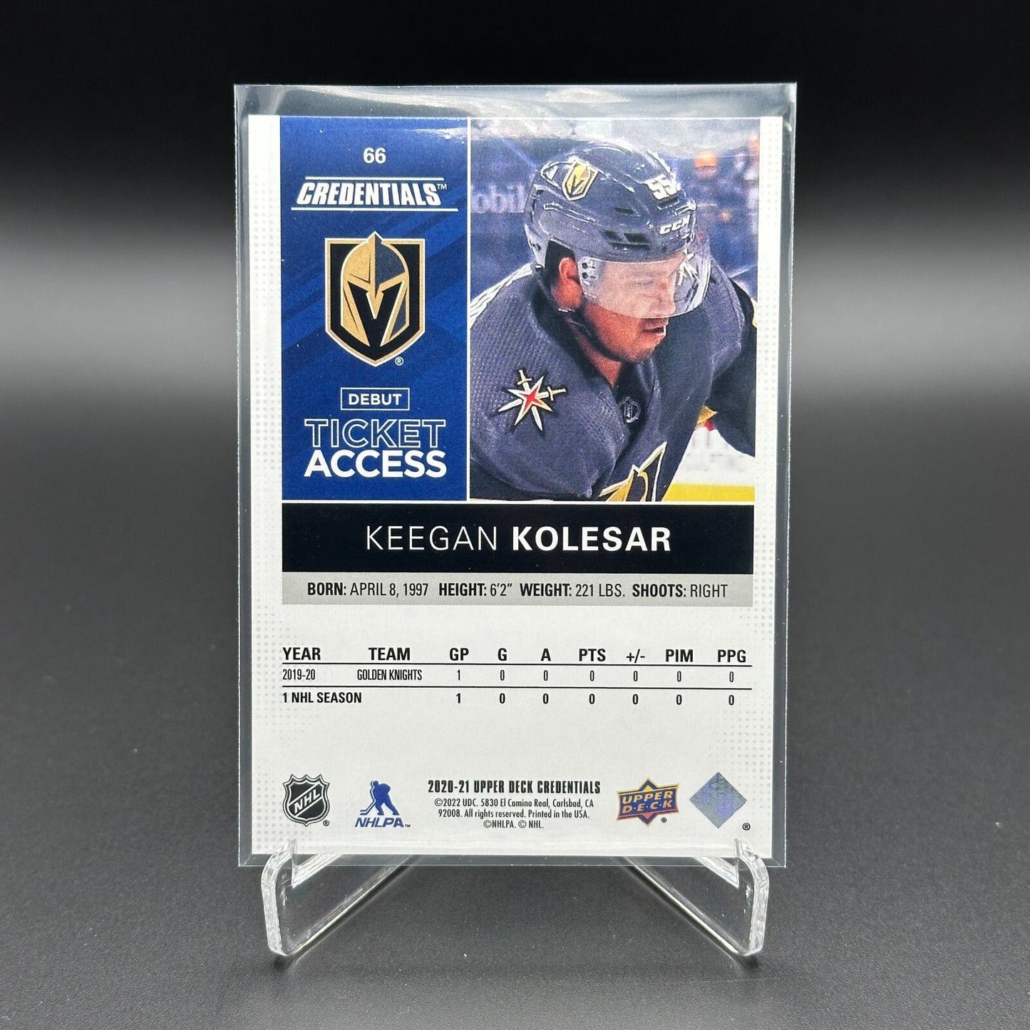 2020-21 UD Credentials KEEGAN KOLESAR #66 Debut Ticket Access RC 549/999