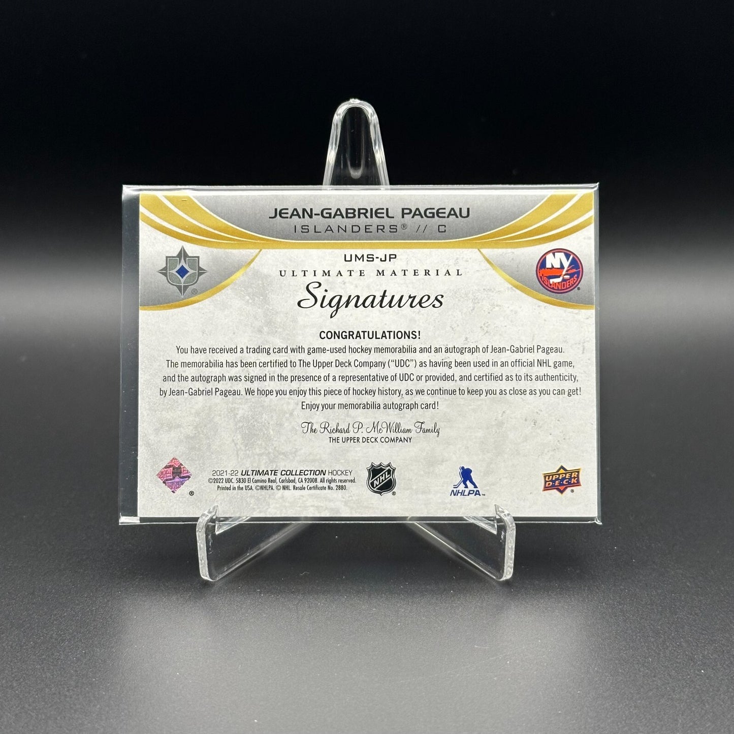 2021-22 UD Ultimate JEAN-GRABRIEL PAGEAU #UMS-JP Material Signatures /99