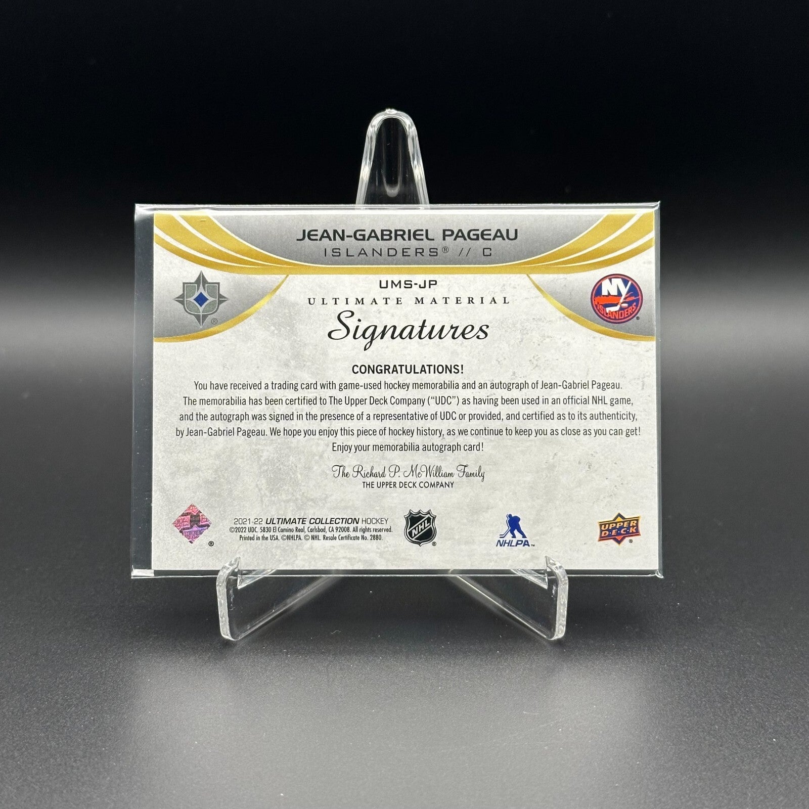 2021-22 UD Ultimate JEAN-GRABRIEL PAGEAU #UMS-JP Material Signatures /99
