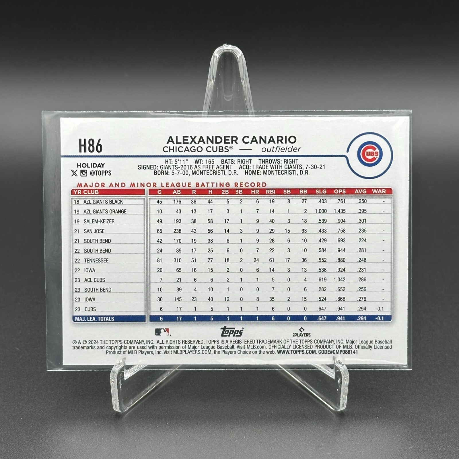 2024 Topps Holiday ALEXANDER CANARIO #H86 RC - Chicago Cubs