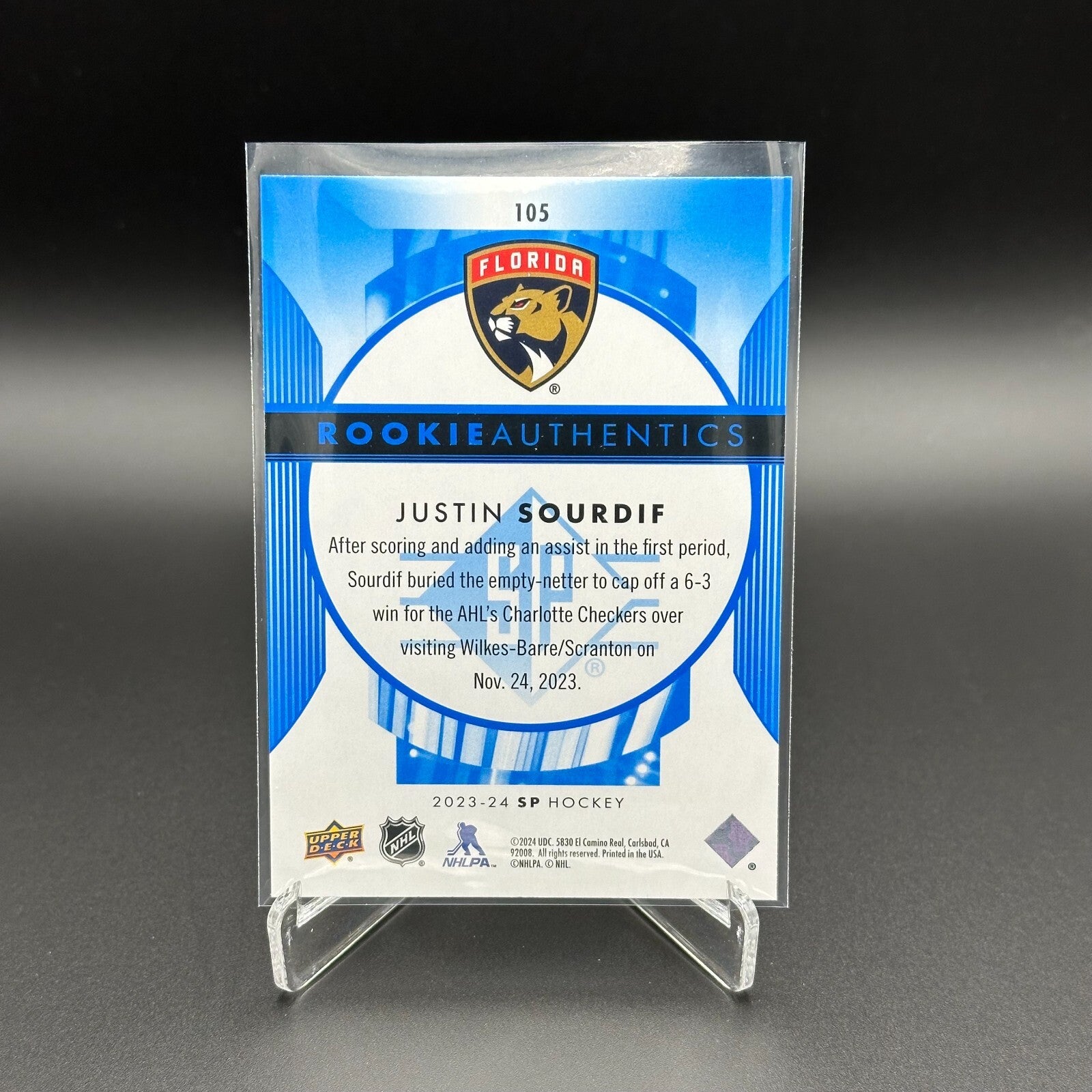 2023-24 UD SP Authentic JUSTIN SOURDIF #105 Rookie Authentics - Florida Panthers