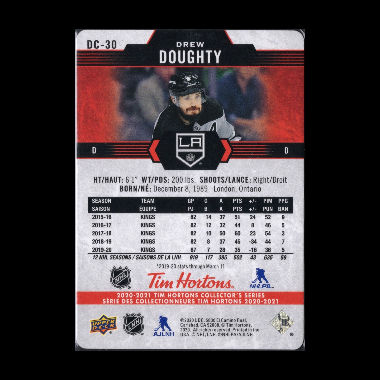 2020-21 UD Tim Hortons DREW DOUGHTY #DC-30 Red Die Cut - Los Angeles Kings