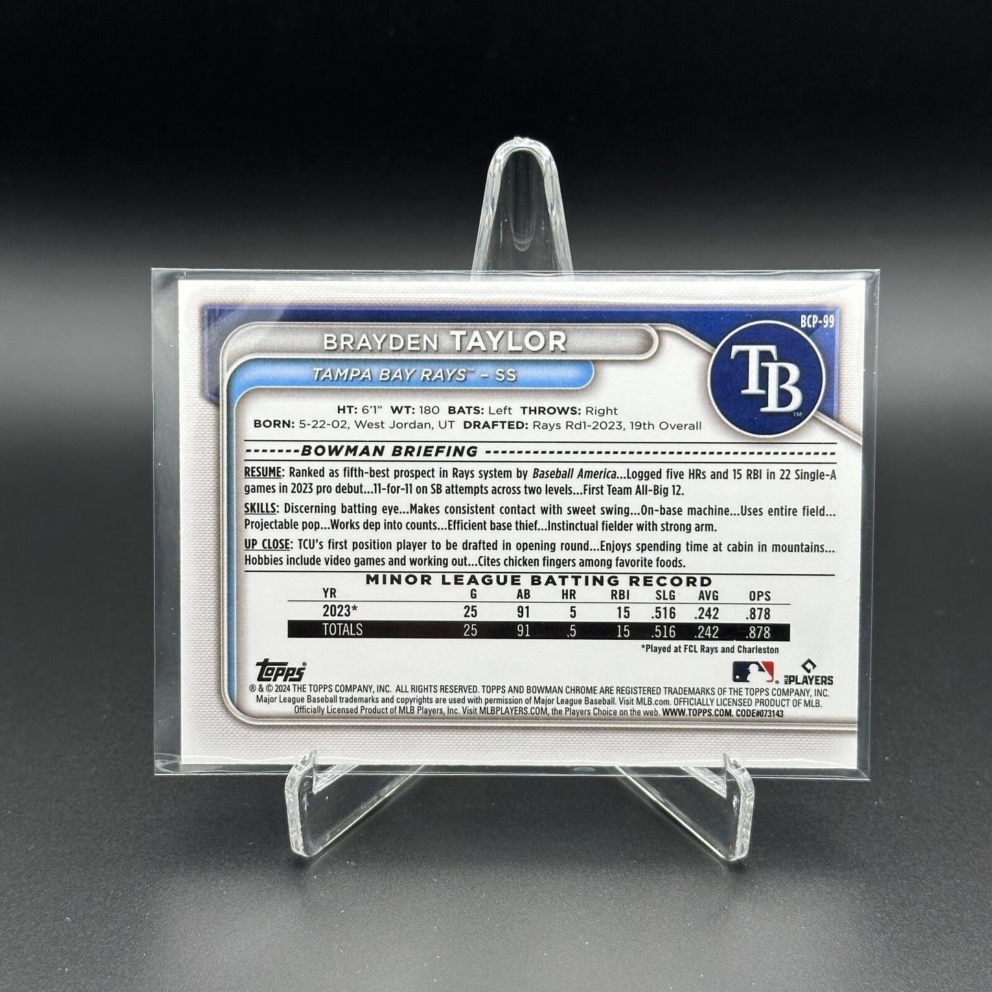 2024 Topps Chrome Bowman BRAYDEN TAYLOR #BCP-99 Prospect RC - Tampa Bay Rays
