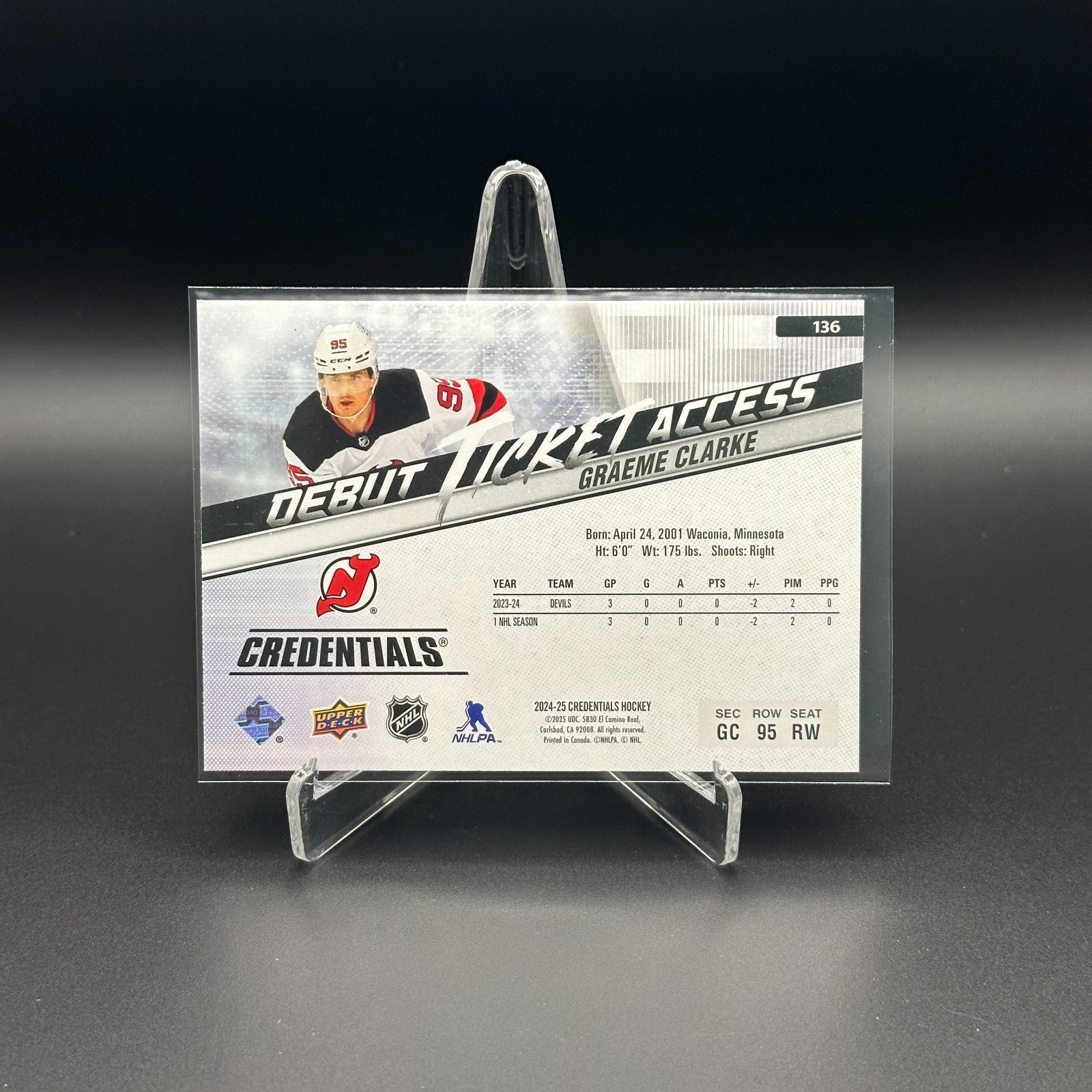 2024-25 UD Credentials GRAEME CLARKE #136 Debut Ticket Access Horizontal RC