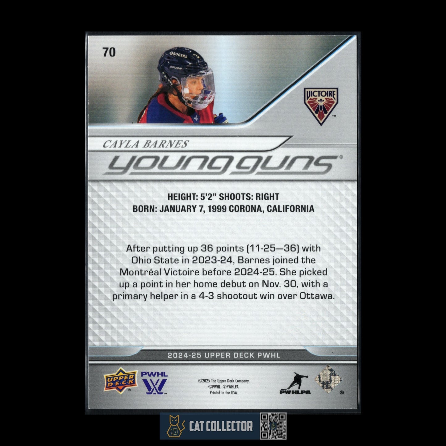 2024-25 UD PWHL CAYLA BARNES #70 Young guns High Gloss 1/10 Rookie RC