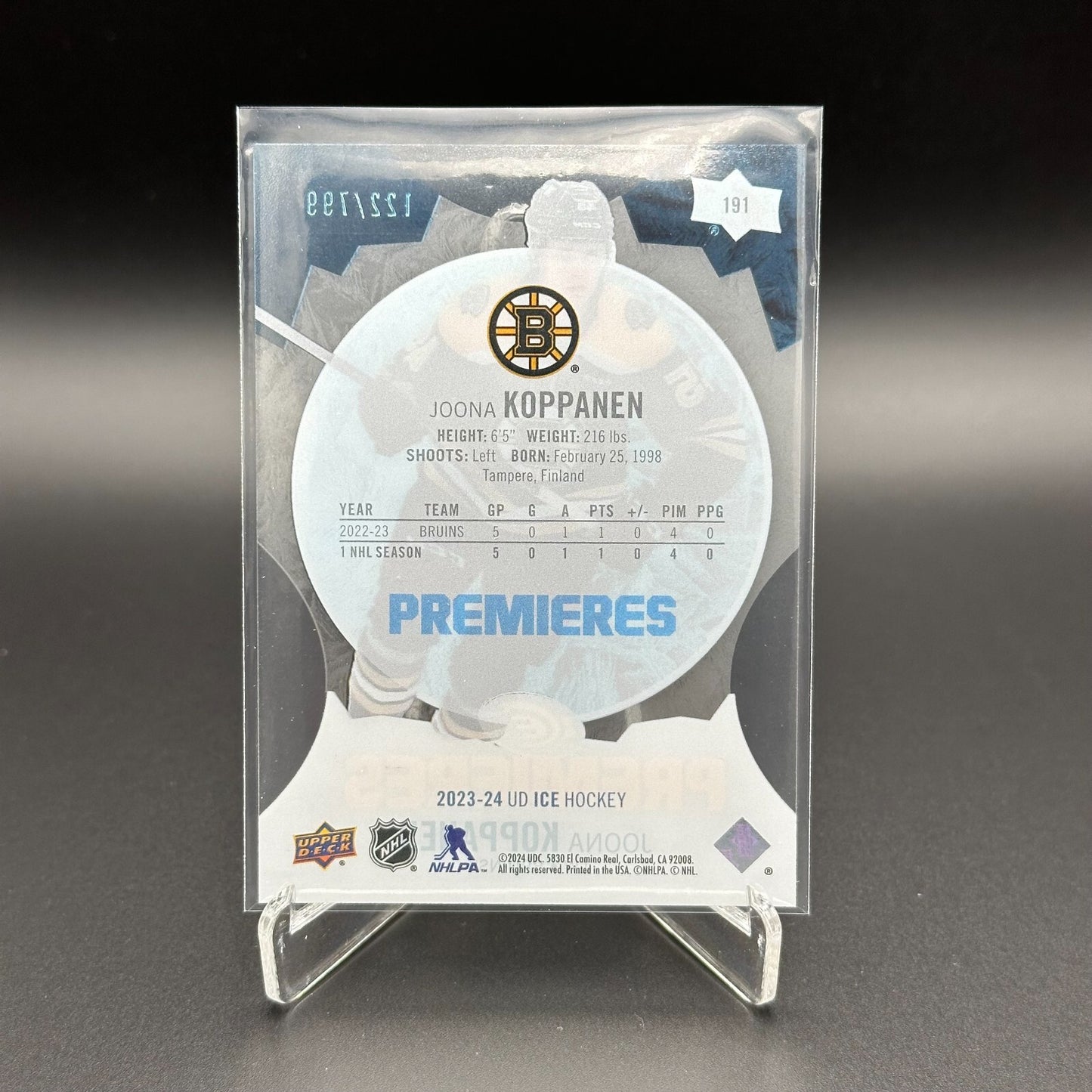 2023-24 UD Ice JOONA KOPPANEN #191 Ice Premieres Blue Parallel 122/799 Rookie RC