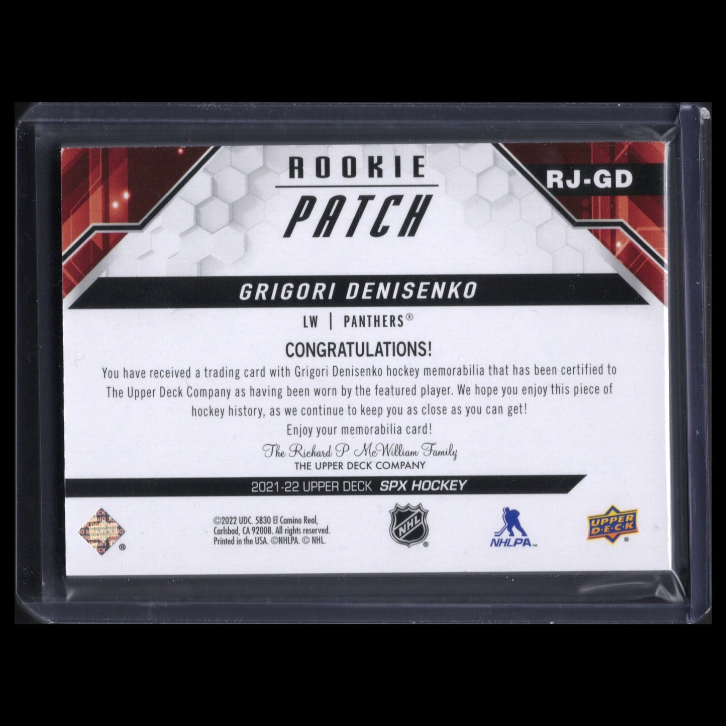 2021-22 UD SPx GRIGORI DENISENKO #RJ-GD 12/35 Rookie Patch - Florida Panthers