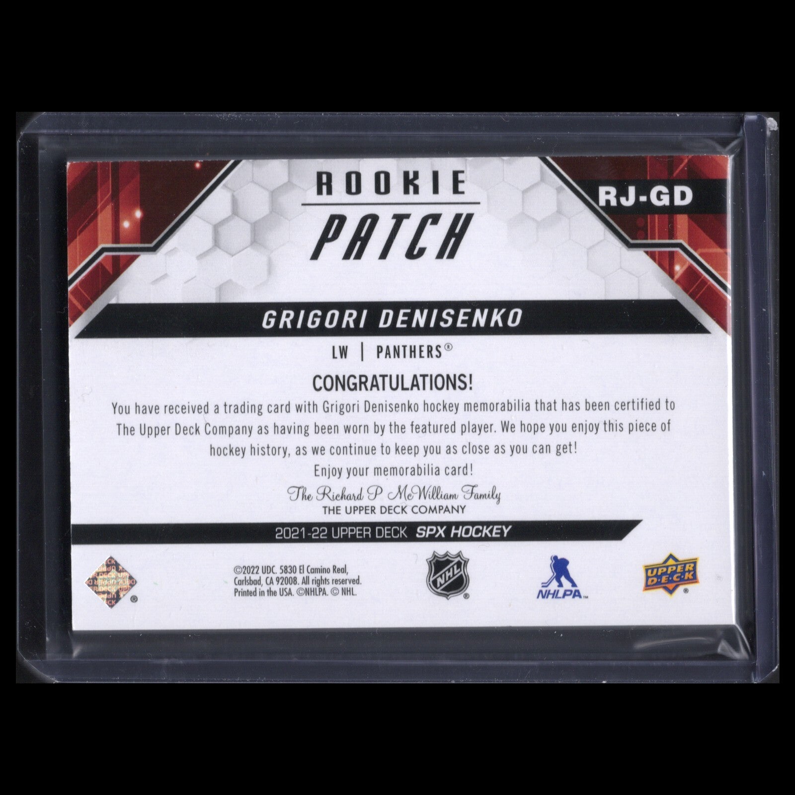 2021-22 UD SPx GRIGORI DENISENKO #RJ-GD 12/35 Rookie Patch - Florida Panthers