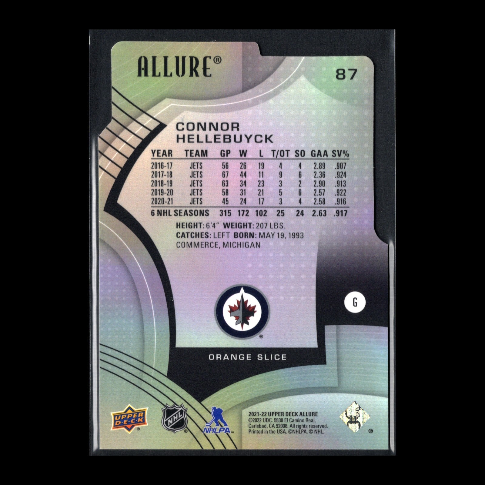 2021-22 UD Allure CONNOR HELLEBUYCK #87 Orange Slice Die-Cut - Winnipeg Jets