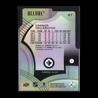 2021-22 UD Allure CONNOR HELLEBUYCK #87 Orange Slice Die-Cut - Winnipeg Jets